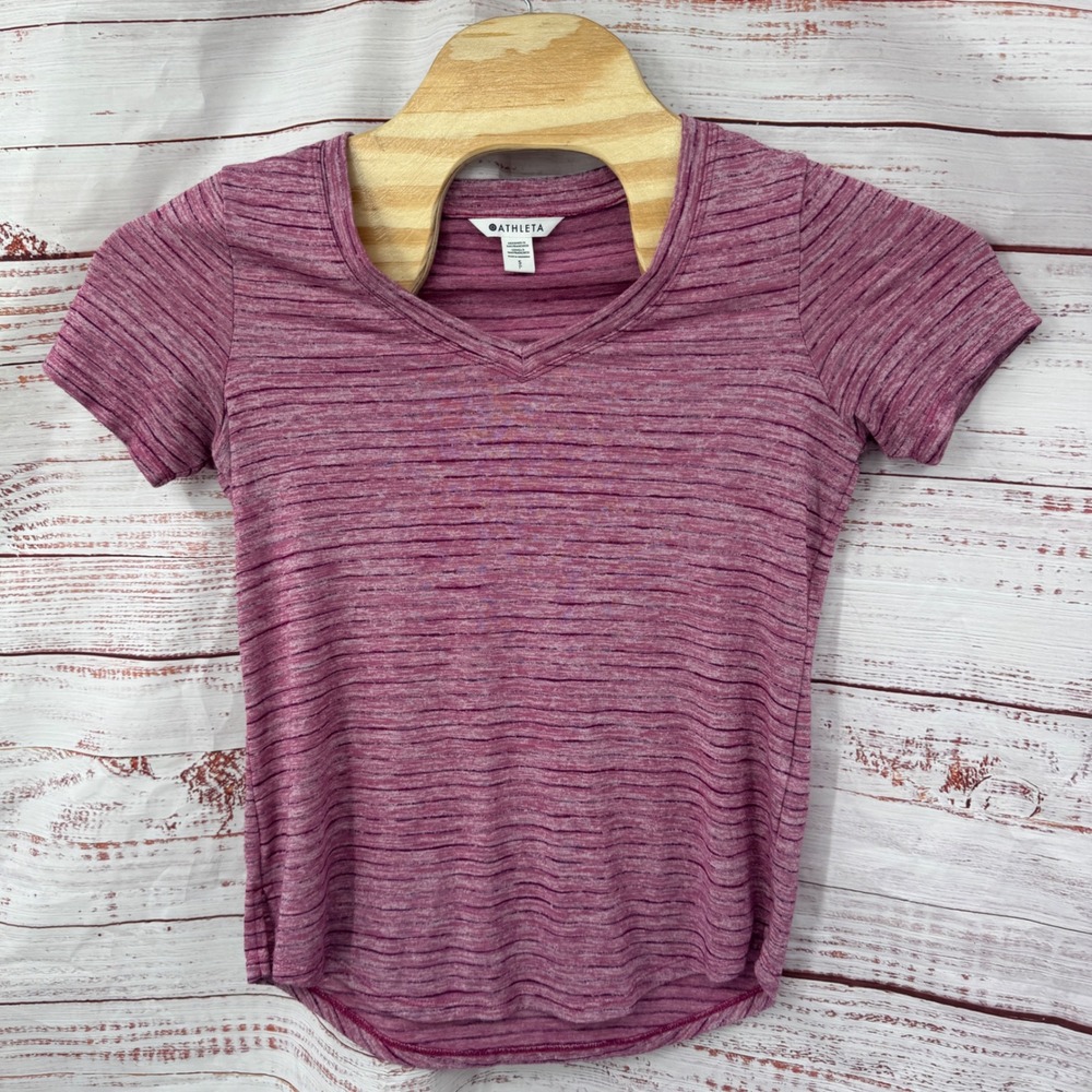 Athleta Shirt Size Small Breezy Scoop V Neck Tee Heathered Pink Striped Casual